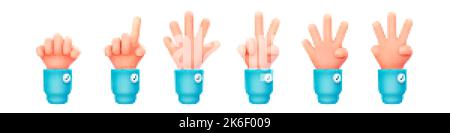 3D set of hand showing one to five fingers, clenching fist isolated on white background. Vector illustration of human palm with blue shirt sleeve coun Stock Vector