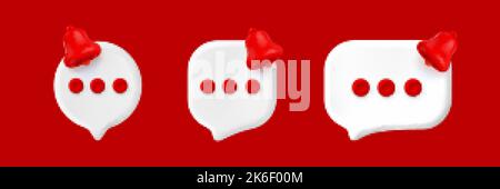 Notification popups with red bell icons 3D set isolated on background. Vector illustration of circular, rectangular white speech clouds with urgent me Stock Vector
