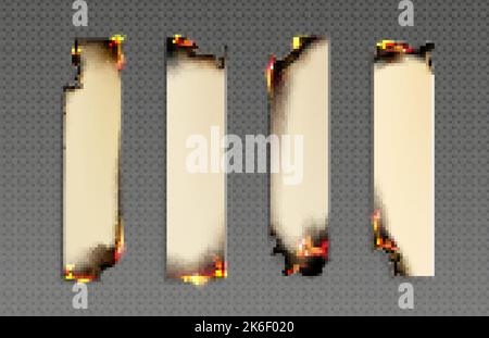 Burning paper png set isolated on transparent background. Realistic collection of long sheets on fire, uneven edges damaged by flame, black from ashes Stock Vector