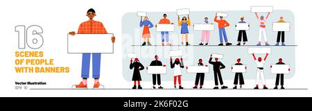 Diverse people holding white banners and placards. Multiracial characters, men and women stand with blank posters on demonstration or presentation, ve Stock Vector