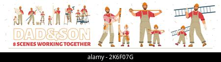 Dad and son in handyman uniform and helmet working together. Boy help father build and repair. Handyman and kid with construction tools, vector hand d Stock Vector