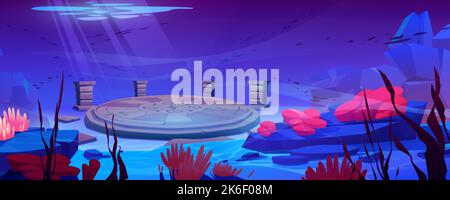 Sea bottom with ancient architecture or atlantis civilization artifacts, round stone plate or portal with pattern and columns. Game background with un Stock Vector