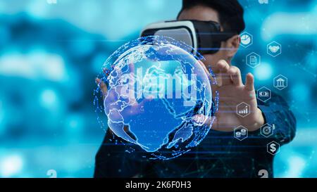 Hand touching earth and global network connection. Communication and use of modern Internet technology , Social Networking, online marketing, digital Stock Photo