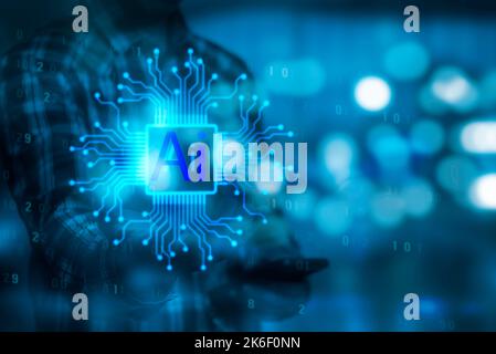 technology ai hand virtual screen artificial future information learning network science tech business futuristic interface robot modern intelligence Stock Photo