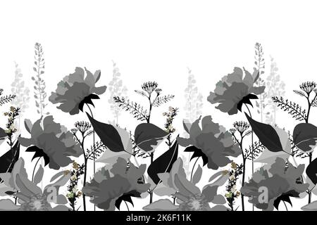 Vector floral seamless pattern, border. Horizontal panoramic design in gray tones. Stock Vector