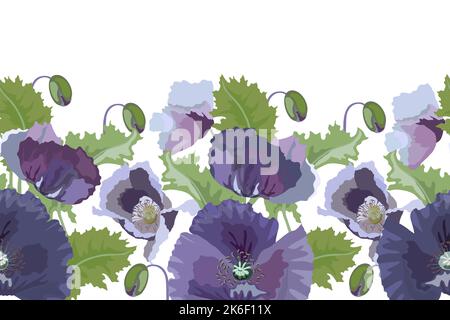 Vector floral seamless pattern, border. Lilac poppies, green leaves and buds on a white background. Stock Vector