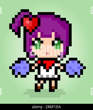 Pixel 8 bit cheerleader. girl pixels for game assets in vector illustration. Stock Vector