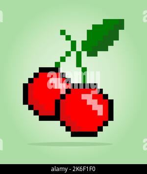 Pixel exotic fruits. Cartoon stylized fruit icons for 2D game, 8