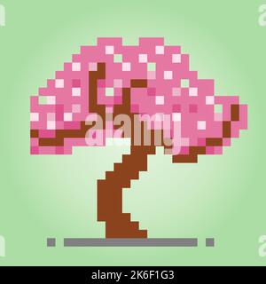 Cherry blossoms 8 bit pixels. tree for game assets in vector illustration. Stock Vector