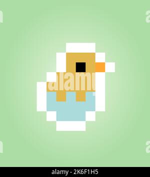 Pixel hatching chicken image. 8 bit game asset Vector illustration Stock Vector