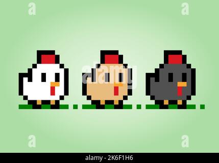 8 bit pixel chicken collection. Animals for game assets in vector illustration. Stock Vector