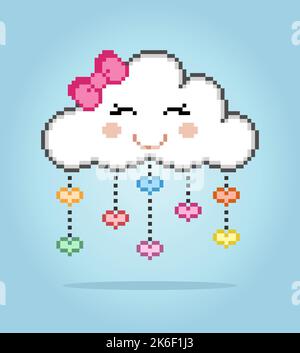 8 bit pixel cute cartoon face cloud with colorful raindrops. Natural cloud for game assets in vector illustration. Stock Vector