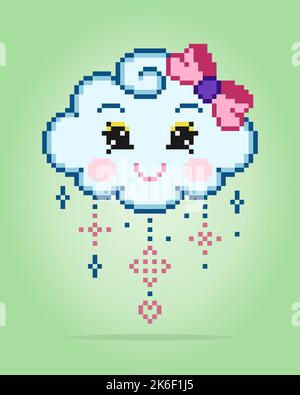 8 bit pixel cute cartoon face cloud with colorful raindrops. Natural cloud for game assets in vector illustration. Stock Vector