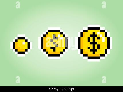 collection of gold coins in pixel art. for 8 bit games. Stock Vector