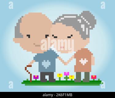 Grandpa and Grandma 8 bit pixels. Old man for game assets in vector illustration. Stock Vector