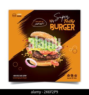 design of a fast food restaurant marketing social media post or ad template with a background. Fresh pizza, burgers, and pasta online sale poster Stock Vector