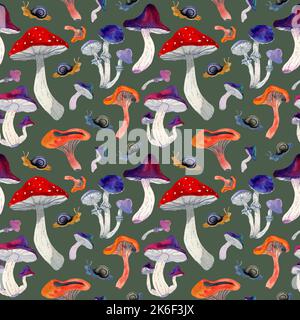 Seamless watercolor pattern of mushrooms on white field. Russula, fly agaric, chanterelles, toadstools, snail. Poison mushroom. Design for textile, pa Stock Photo