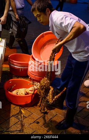 A restaurant worker transfers a live Alaskan King Crab from the display tank to the kitchen for a customer's meal, Sai Kung, New Territories, Hong Kon Stock Photo