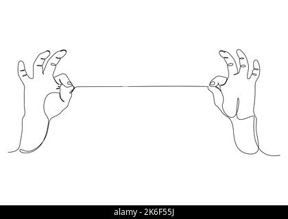 One continuous line drawing of two hand holding a string. Thin Line Illustration vector concept. Contour Drawing Creative ideas. Stock Vector