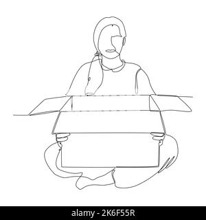 One continuous line drawing of woman shopper unboxing mail package. Thin Line Illustration vector concept. Contour Drawing Creative ideas. Stock Vector