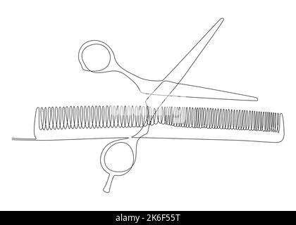 One continuous line drawing of comb and scissor. Thin Line Illustration vector concept. Contour Drawing Creative ideas. Stock Vector