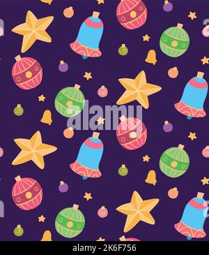 Vector seamless Christmas pattern on violet background. Wallpaper with flat hand drawn cartoon new year toys - balls, bells and stars. Festive texture Stock Vector