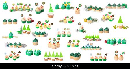 Set of many Christmas cupcakes isolated on white Stock Photo