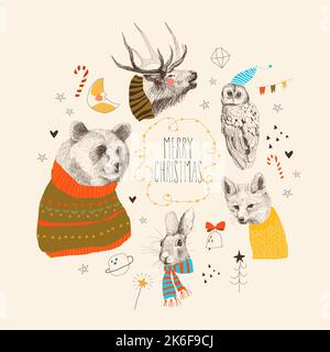 Lovely Christmas Set with Cute Animals wearing Winter Sweaters and Scarves Stock Vector