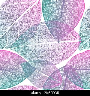Seamless pattern blue leaves skeletonized. Vector illustration Stock Vector