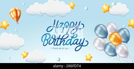 Birthday vector banner design. Happy birthday text in sky with clouds and bunch of balloons element for cute birth day celebration messages. Stock Vector