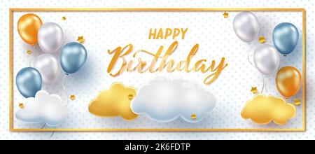 Birthday vector banner design. Happy birthday text in gold frame with balloons and clouds element for birth day celebration messages. Stock Vector
