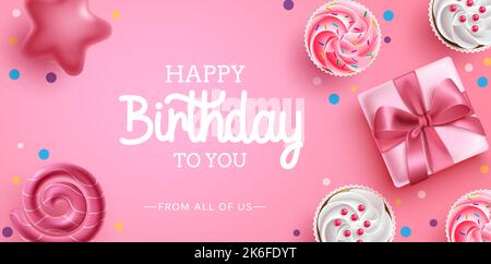 Birthday greeting vector background design. Happy birthday text in pink background with cute cup cakes and gift elements for birth day messages. Stock Vector