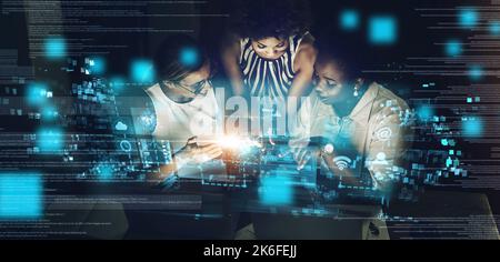 Woman, cyber security and IoT with technology for team, meeting or programming working at night with digital overlay. Group of female employee Stock Photo