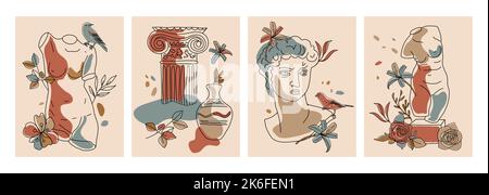 Modern conceptual art autumn colorful cards with ancient statue with flowers isolated on light colored background. Collage of contemporary art Stock Vector
