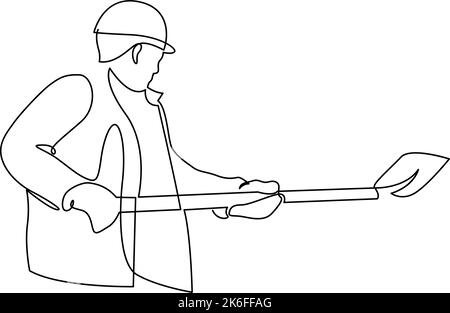 Worker with shovel continuous line drawing. Construction tool symbol Stock Vector