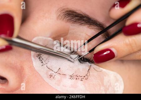 Eyelash Extension Procedure. Woman Eye with Long Eyelashes. Lashes. Close up tweezers, macro. Close up portrait of woman eye, long eyelashes. Stock Photo