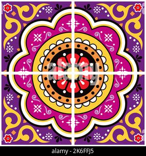 Mexican talavera tiles vector seamless pattern with purple and pink floral and geometric motif, background inspired by folk art from Mexico Stock Vector