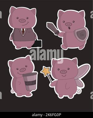 Cute cartoon pig with white stroke goes to work pack Stock Vector
