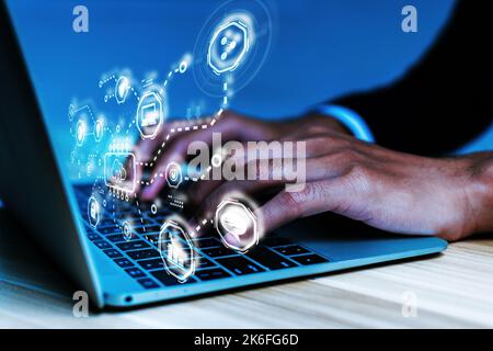 Cloud Computing. business man using laptop computer with virtual graphic icon on desk at home, document management, data management system, business f Stock Photo