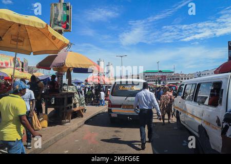 Kumasi, Ghana - April 04, 2022: Busy Street near the Ghana Central Market in Kumasi Stock Photo