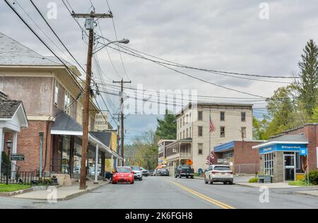 Narrowsburg, New York, United States of America – April 29, 2017. View of the Main Street in Narrowsburg, NY, toward the historic Arlington Hotel buil Stock Photo