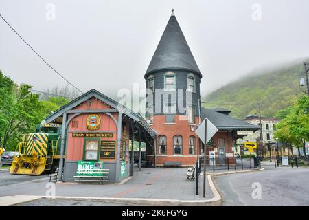 Jim Thorpe, Pennsylvania, United States of America – May 1, 2017. Central Railroad of New Jersey Station, now owned by Lehigh Gorge Scenic Railway, in Stock Photo