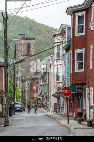 Jim Thorpe, Pennsylvania, United States of America – May 1, 2017. Street view on Race Street in Jim Thorpe, PA. View towards St Mark’s & St John’s Epi Stock Photo