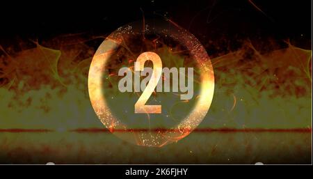 Image of ring and glowing number two in dramatic countdown over flaming fire background. Countdown, anticipation, time and entertainment concept digit Stock Photo