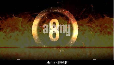 Image of ring and glowing number eight in dramatic countdown over flaming fire background. Countdown, anticipation, time and entertainment concept dig Stock Photo