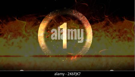 Image of ring and glowing number one in dramatic countdown over flaming fire background. Countdown, anticipation, time and entertainment concept digit Stock Photo
