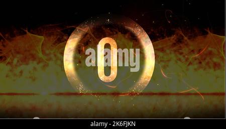 Image of ring and glowing number zero in dramatic countdown over flaming fire background. Countdown, anticipation, time and entertainment concept digi Stock Photo