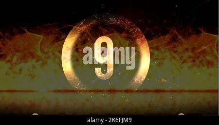 Image of ring and glowing number nine in dramatic countdown over flaming fire background. Countdown, anticipation, time and entertainment concept digi Stock Photo