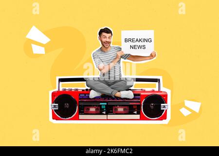 Collage photo of young excited positive student man wear striped t-shirt hold placard banner breaking news info sitting boombox loud isolated on Stock Photo