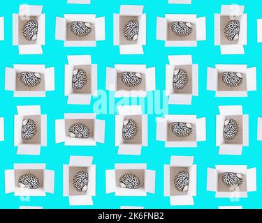 Seamless background made from human brain in a box repetitions on blue Stock Photo